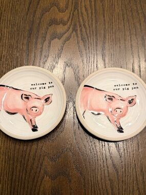 NWOT - Mud Pie Ceramic Pig Mini Plates / Drink Coasters (Set of 2)